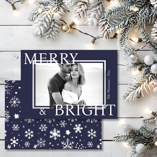 Classic Blue Merry & Bright Bold Snowflake Photo Feestdagenkaart