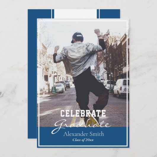 Classic Blue Modern Trendy Afstuderen Kaart (Voorkant / Achterkant)