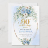 Classic Blue Peony Gold Accent 90th Birthday Card Kaart (Voorkant)