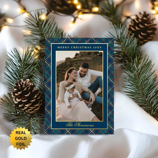 Classic Blue Plaid  Krans Foto Kerst Folie Feestdagenkaart