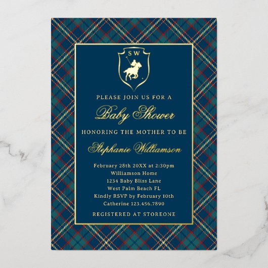 Classic Blue Plaid Polo Equestrian Baby Shower Folie Uitnodiging (Voorkant)