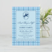Classic Blue Plaid Race Horse Crest Derby Party Kaart (Staand voorkant)