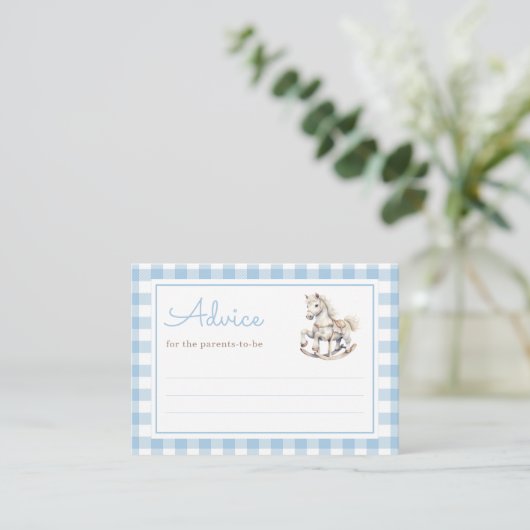 Classic Blue Plaid Rocking Horse Baby shower Advieskaart (Staand voorkant)