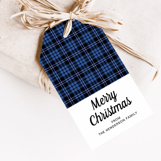 Classic Blue Plaid Vrolijk Kerstfeest Cadeaulabel