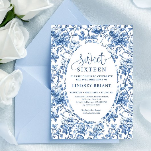 Classic Blue Roses Digital Download Sweet 16 Kaart