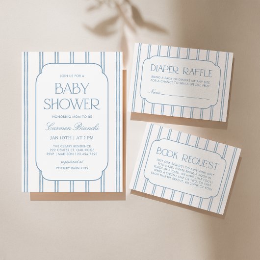 Classic Blue Striped Baby Shower Invitation Kaart