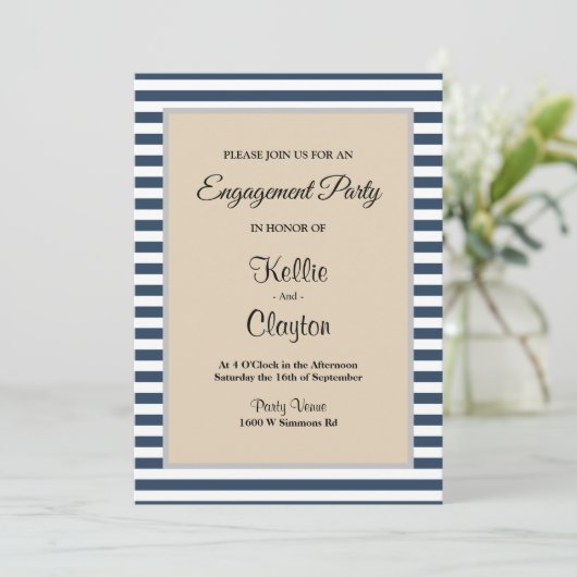 Classic Blue Stripes Framed Engagement Party Kaart (Staand voorkant)