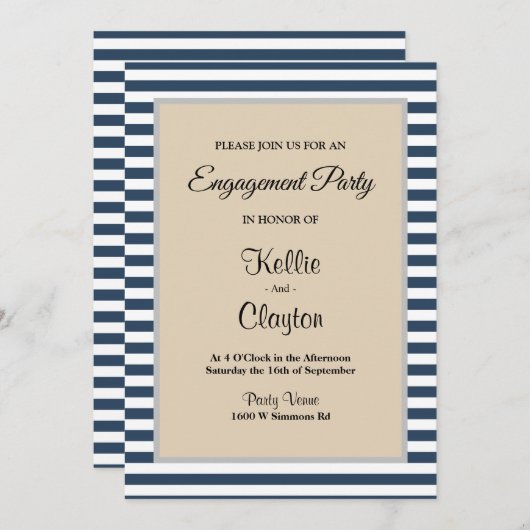 Classic Blue Stripes Framed Engagement Party Kaart (Voorkant / Achterkant)