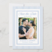 Classic Blue Stripes Photo Wedding Save The Date (Voorkant)