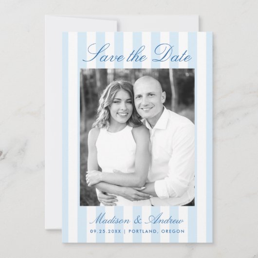 Classic Blue Stripes Photo Wedding Save The Date (Voorkant)