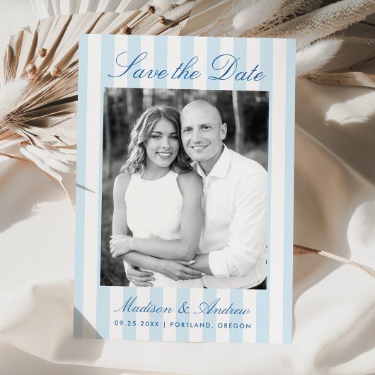 Classic Blue Stripes Photo Wedding Save The Date