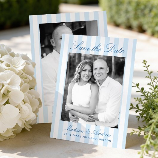 Classic Blue Stripes Photo Wedding Save The Date