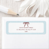 Classic Blue Stripes Red Bow Christmas Etiket (Insitu)