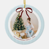 Classic Blue Stripes Red Bow Christmas Keramisch Ornament (Voorkant)