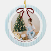Classic Blue Stripes Red Bow Christmas Keramisch Ornament (Achterkant)