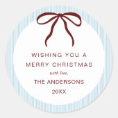 Classic Blue Stripes Red Bow Merry Christmas Ronde Sticker (Voorkant)