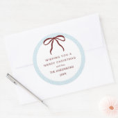 Classic Blue Stripes Red Bow Merry Christmas Ronde Sticker (Envelop)