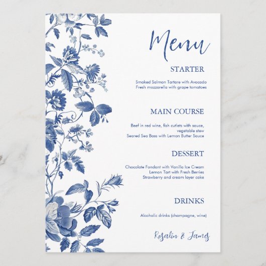 Classic Blue Toile Botanical Wedding Dinner Menu (Voorkant)