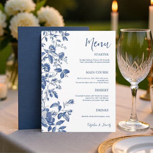 Classic Blue Toile Botanical Wedding Dinner Menu