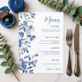 Classic Blue Toile Botanical Wedding Dinner Menu