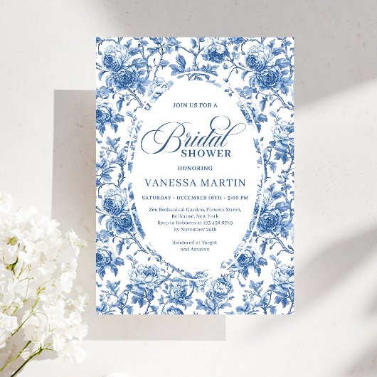 Classic Blue Toile de Jouy Floral Bridal Shower Kaart
