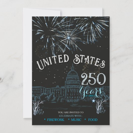 Classic Blue US 250 Years Fireworks Invitation Kaart (Voorkant)