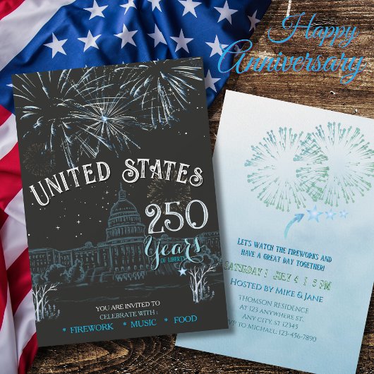Classic Blue US 250 Years Fireworks Invitation Kaart