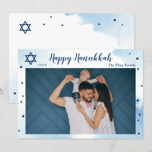 Classic Blue Waterverf Gold Happy Hanukkah Foto Feestdagenkaart
