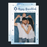 Classic Blue Waterverf Happy Hanukkah Foto Feestdagenkaart<br><div class="desc">Classic Blue Waterverf Happy Hanukkah Photo Holiday Kaart</div>