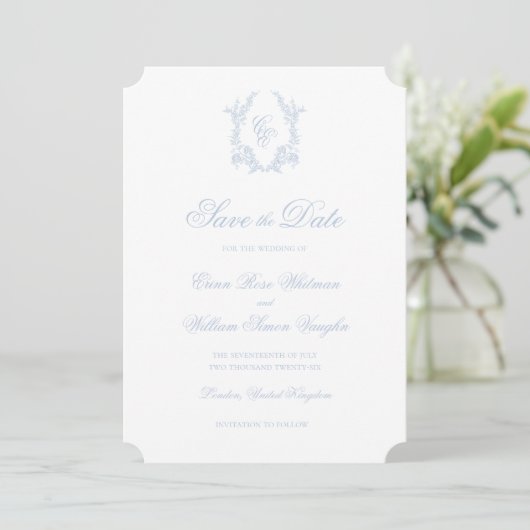 Classic Blue Wedding Crest Save The Date Invite Kaart (Staand voorkant)