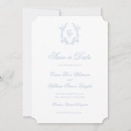 Classic Blue Wedding Crest Save The Date Invite Kaart