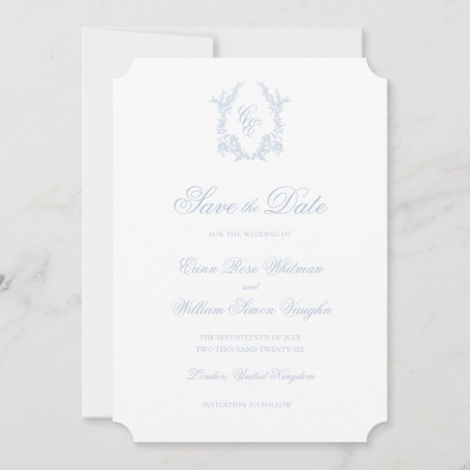 Classic Blue Wedding Crest Save The Date Invite Kaart (Voorkant)