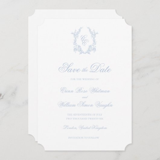 Classic Blue Wedding Crest Save The Date Invite Kaart (Voorkant / Achterkant)