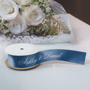 Classic Blue Wedding Elegant Script Calligraphy Satijnen Lint