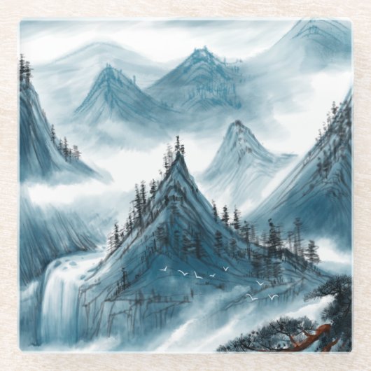 Classic Blue White Chinoiserie Landscape Painting Glazen Onderzetter (Voorkant)