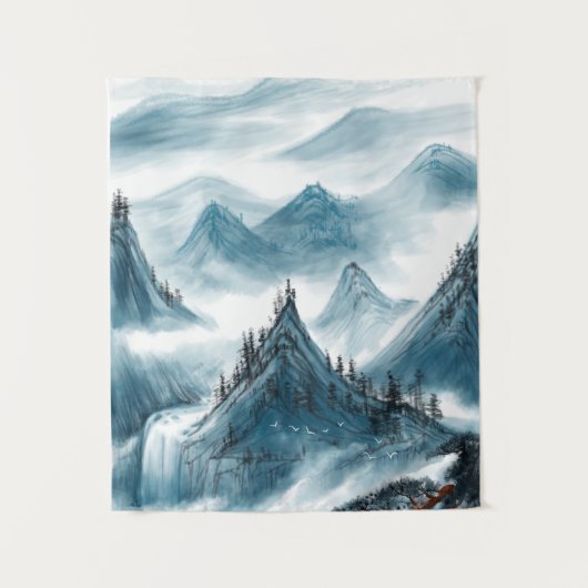 Classic Blue White Chinoiserie Landscape Painting Wandkleed (Voorkant)