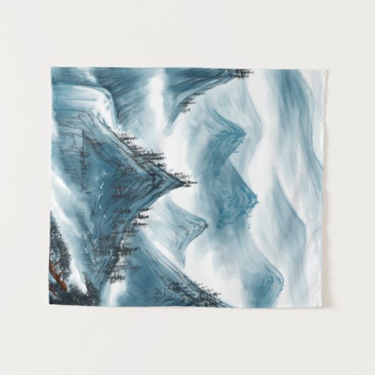 Classic Blue White Chinoiserie Landscape Painting Wandkleed (Voorkant (horizontaal))