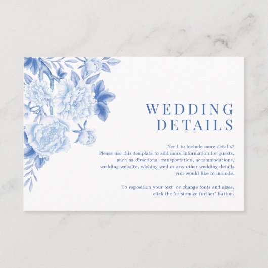 Classic Blue White Chinoiserie Weddenschap Details Informatiekaartje (Voorkant)