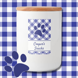 Classic Blue White Gingham Pattern Paw Name Voedselcontainer Etiket
