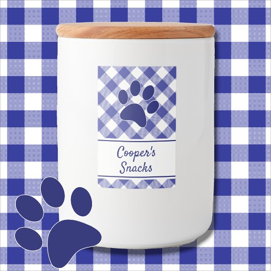 Classic Blue White Gingham Pattern Paw Name Voedselcontainer Etiket