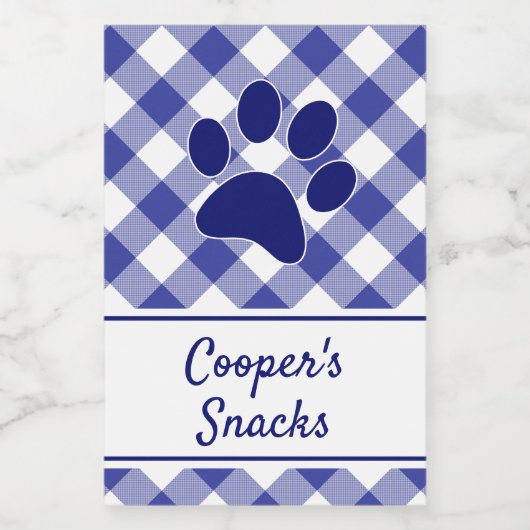 Classic Blue White Gingham Pattern Paw Name Voedselcontainer Etiket (Enkel label)