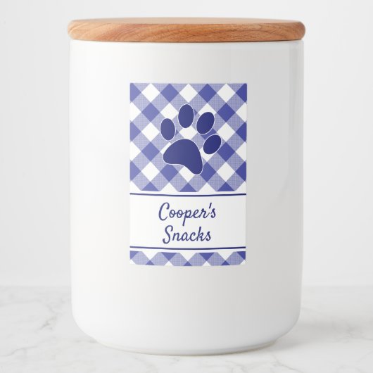 Classic Blue White Gingham Pattern Paw Name Voedselcontainer Etiket (Voorkant)
