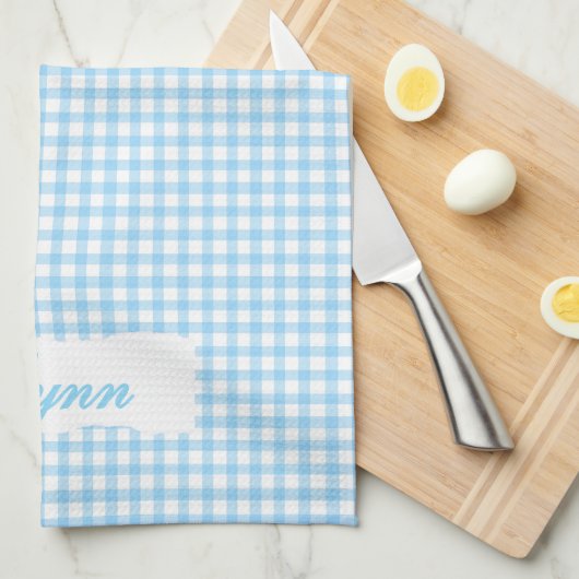 Classic Blue & White Gingham | Personalized Name Theedoek (Quarter Fold)