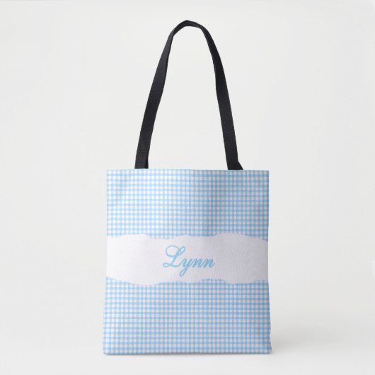 Classic Blue & White Gingham | Personalized Name Tote Bag (Voorkant)