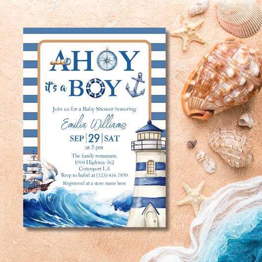 Classic Blue White Nautical Sailboat Baby shower Kaart