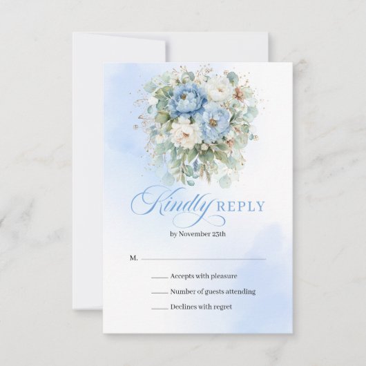 Classic Blue White Peony Eucalyptus Wedding RSVP (Voorkant)