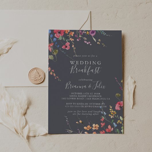 Classic Blue Wild Floral Weddenschap Breakfast Kaart
