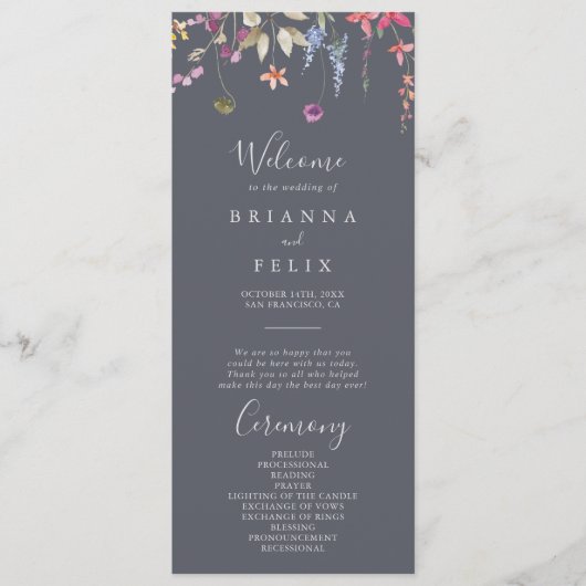 Classic Blue Wild Floral Wedding Programme Programmakaart (Voorkant)