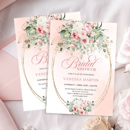 Classic Blush and Gold Floral Bridal Shower Invite Kaart