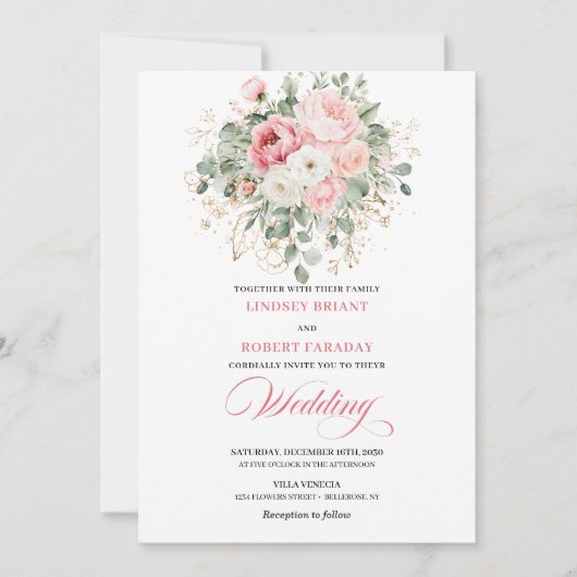 Classic Blush Peonies Greenery Gold Wedding Invite Kaart (Voorkant)
